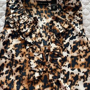 New York & Company Brown Black Ruffled Sleeveless Blouse